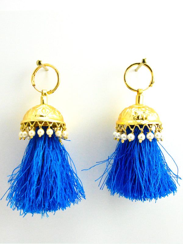 Flamingo Jhumka earrings with Faux Pearls and Blue threads