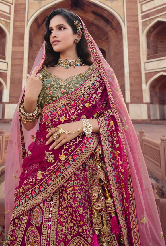 Red Bridal Lehenga In Velvet With Heavy Embroidered Work