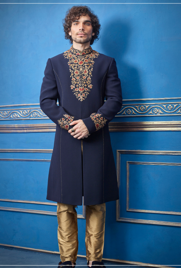 Blue and gold outlet sherwani