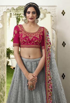 Spangel Fashion Women's Jacquard Semi-Stitched Lehenga Choli (Grey Pink  Lehenga choli_Grey & Pink_Free Size) : : Fashion